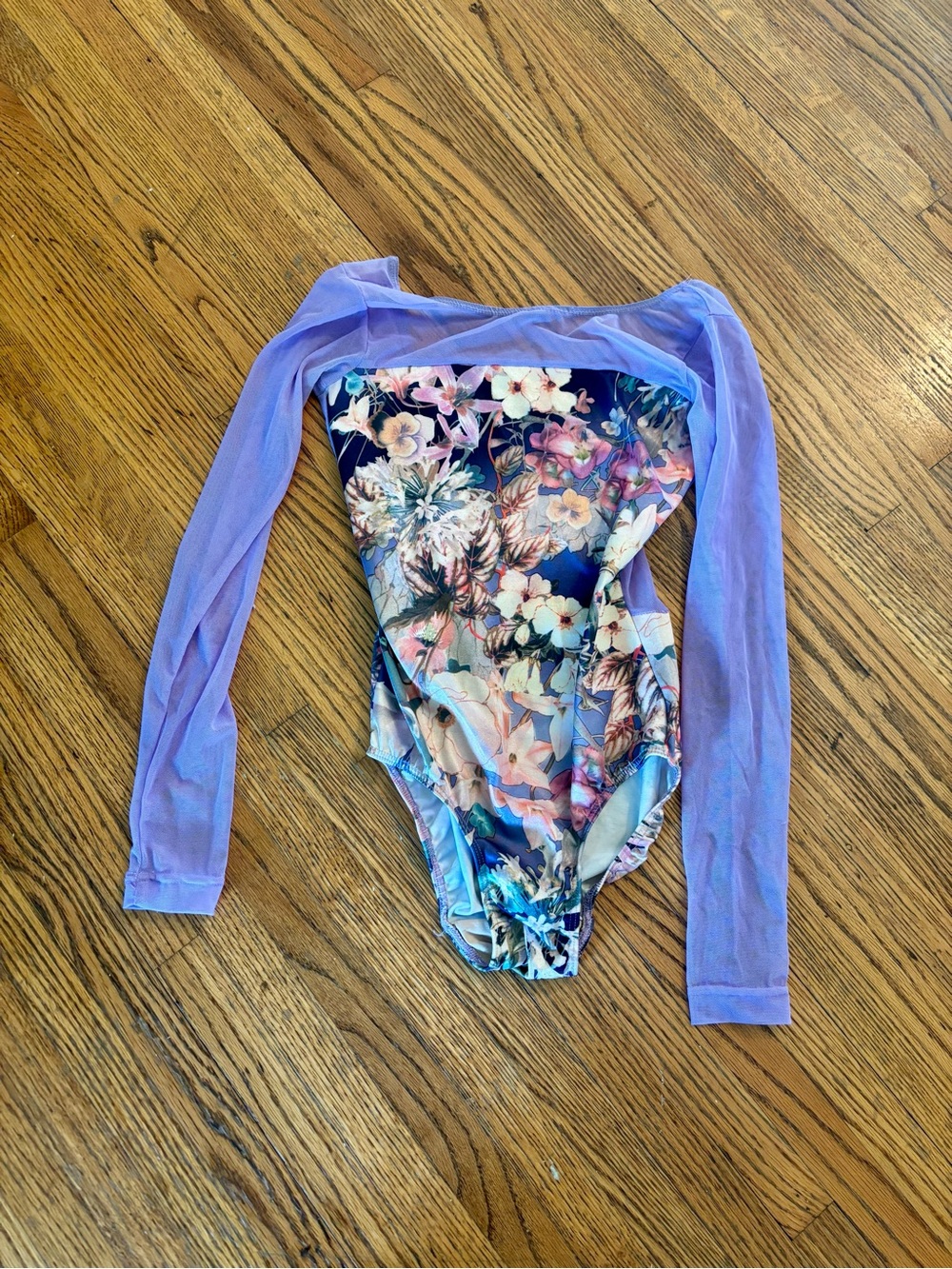 Eleve Dancewear Floral Leotard with Lavender Mesh Sleeves